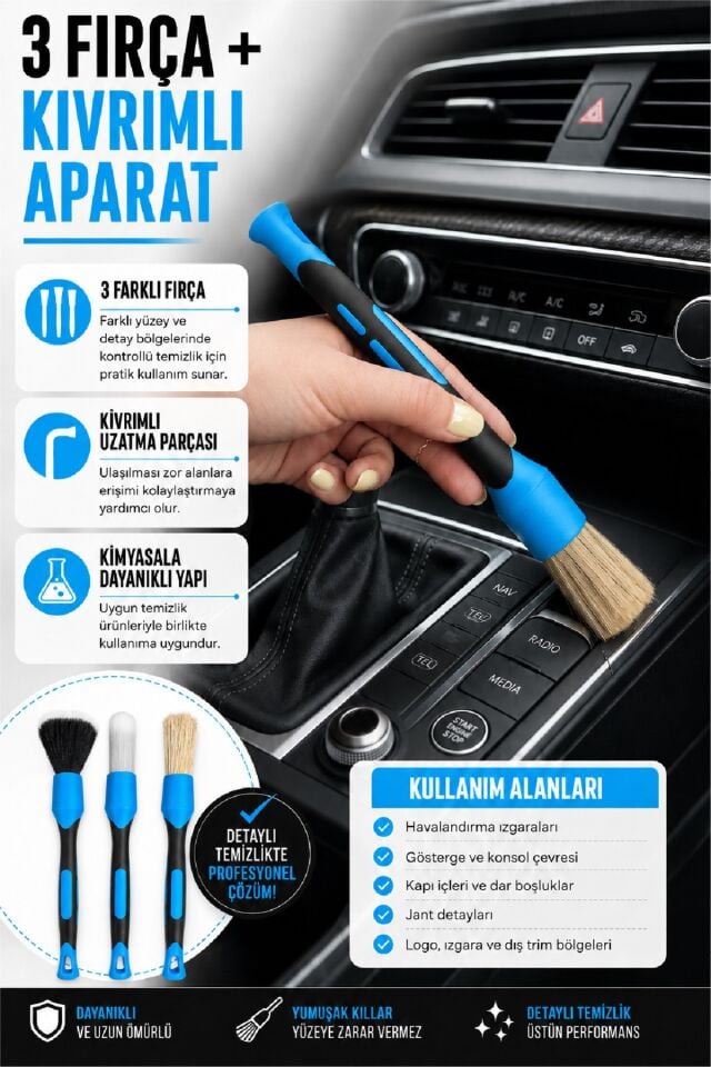 3’lü Oto Detay Fırçası Seti | Mikrofiber, Sentetik ve At Kılı Araç Temizlik Fırçası